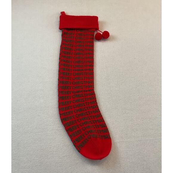Dept 56 Knit Stocking Merry Christmas Red Green Vintage 1983 Taiwan Pom Poms - Picture 1 of 10